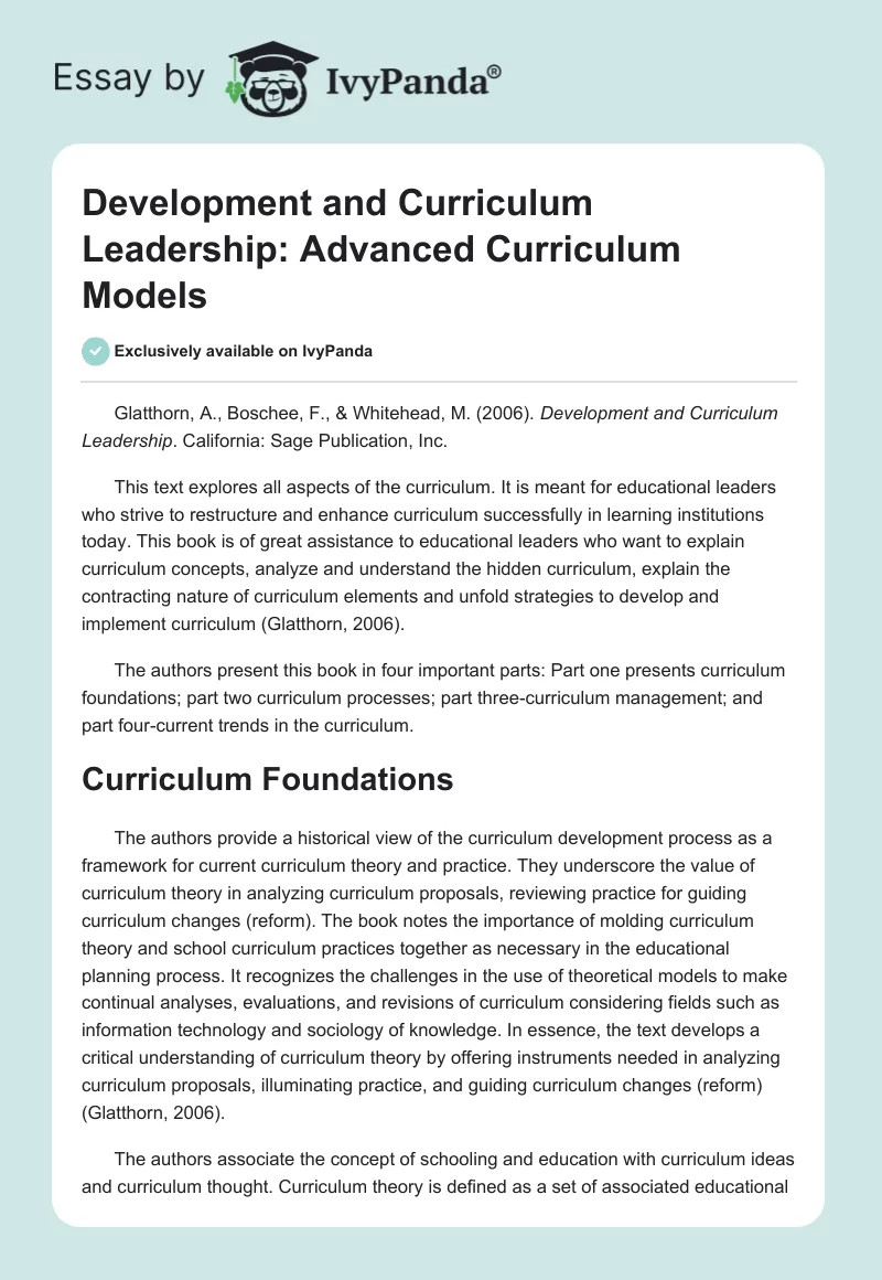 Development and Curriculum Leadership: Advanced Curriculum Models. Page 1
