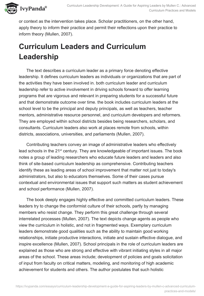 "Curriculum Leadership Development: A Guide for Aspiring Leaders" by Mullen C.: Advanced Curriculum Practices and Models. Page 2