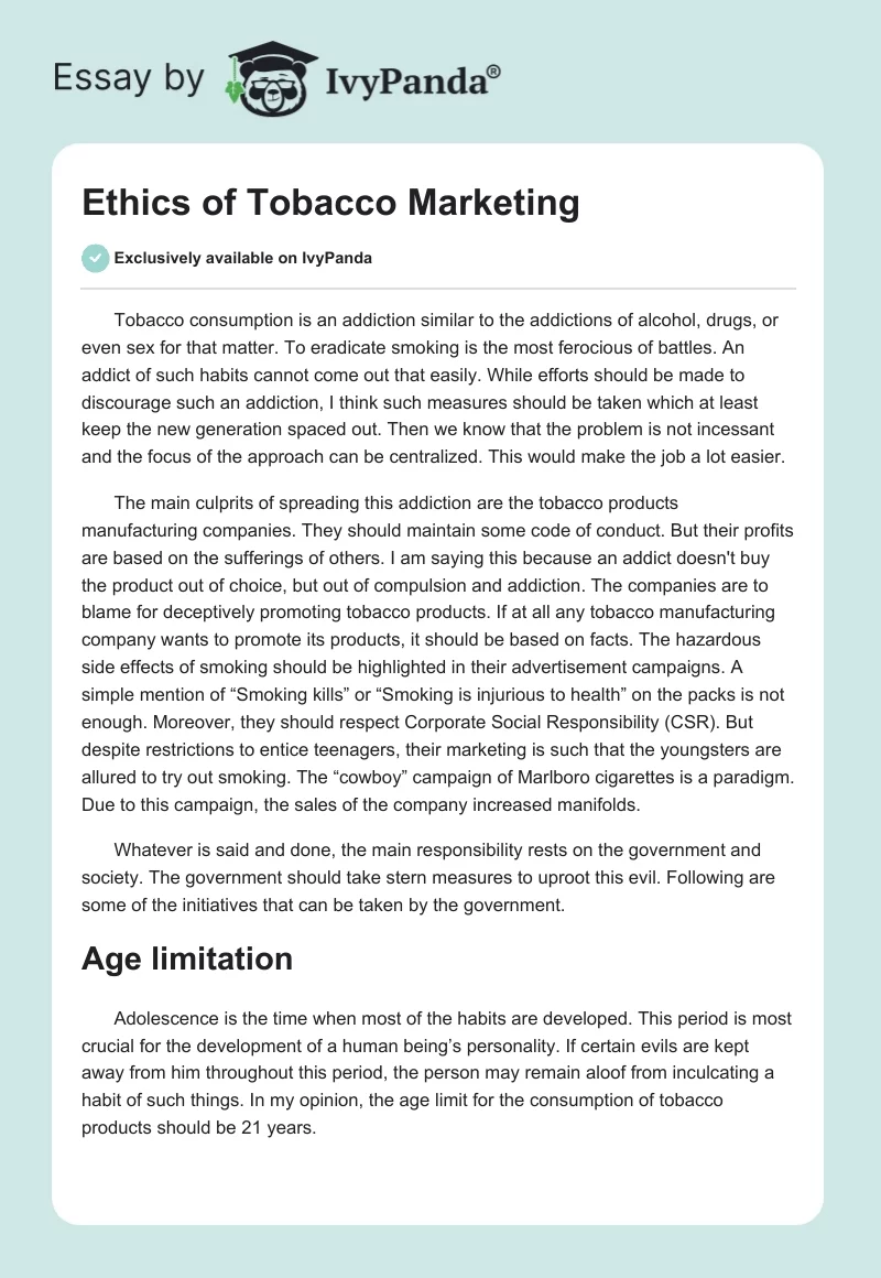 Ethics of Tobacco Marketing. Page 1