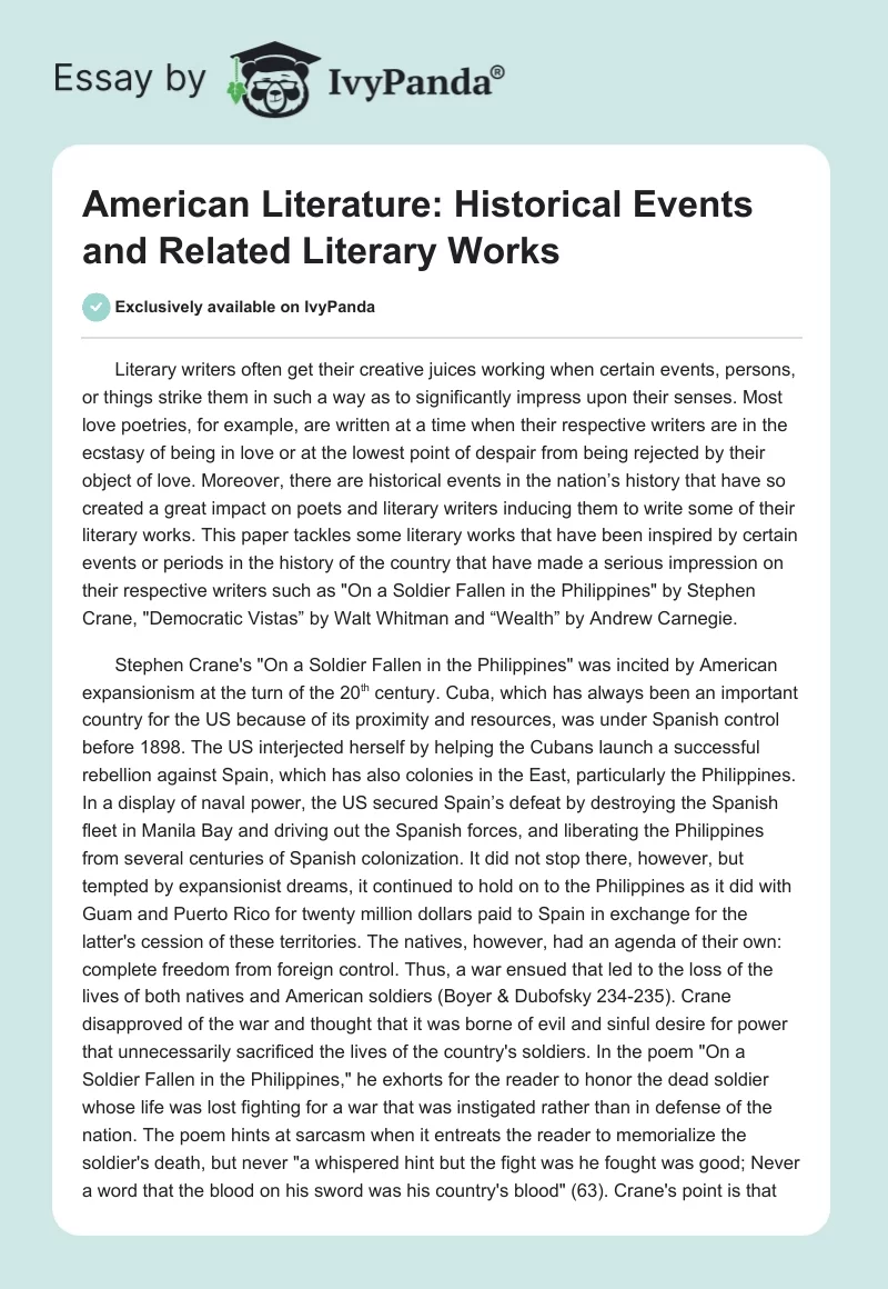American Literature: Historical Events and Related Literary Works. Page 1