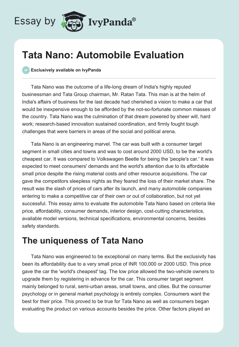 Tata Nano: Automobile Evaluation. Page 1