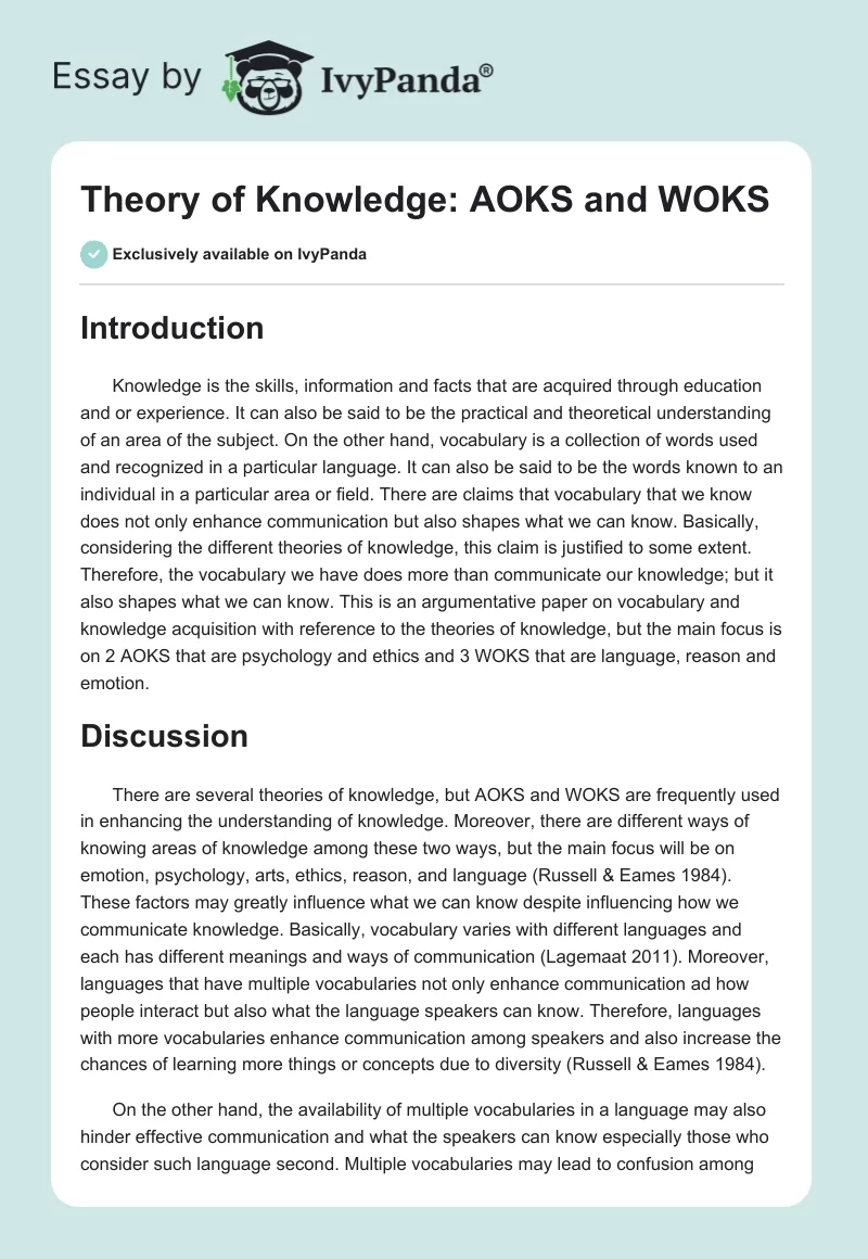 Theory of Knowledge: AOKS and WOKS. Page 1