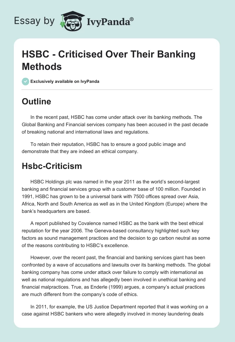 HSBC - Criticised Over Their Banking Methods. Page 1