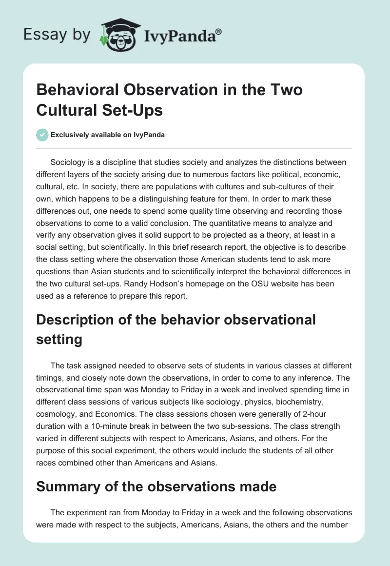 Behavioral Observation in the Two Cultural Set-Ups. Page 1