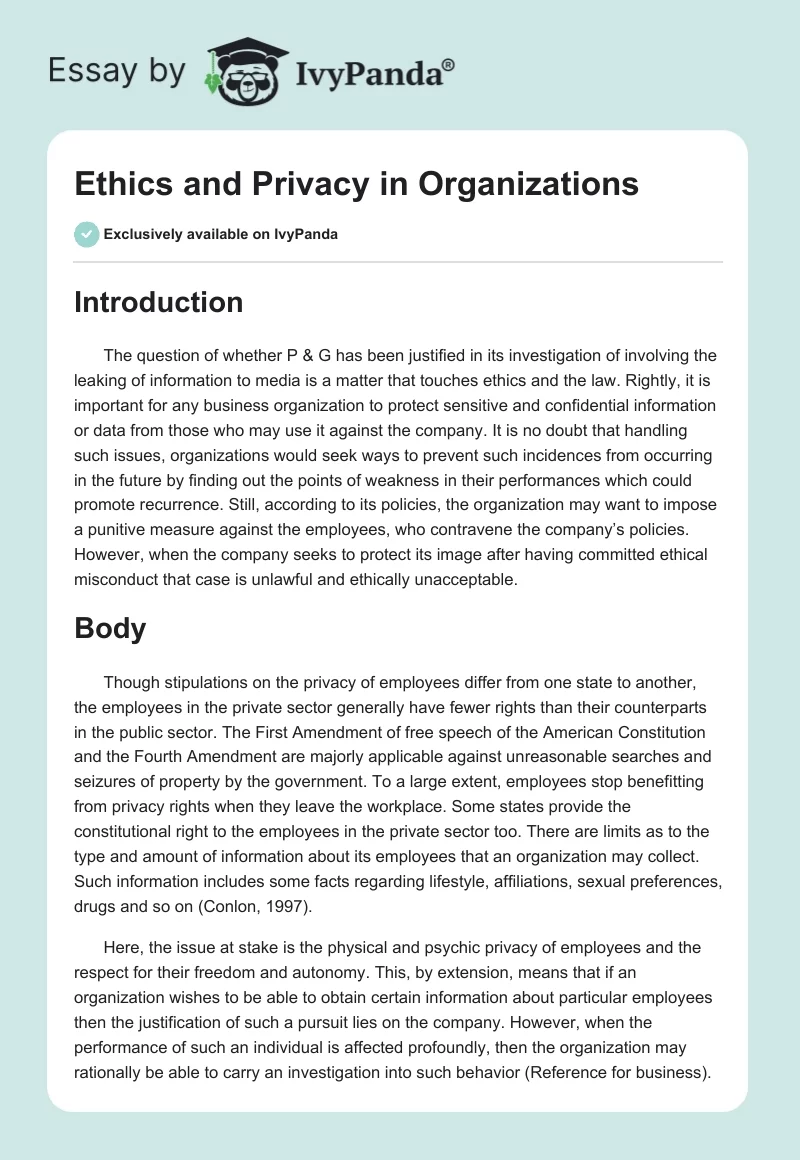 Ethics and Privacy in Organizations. Page 1