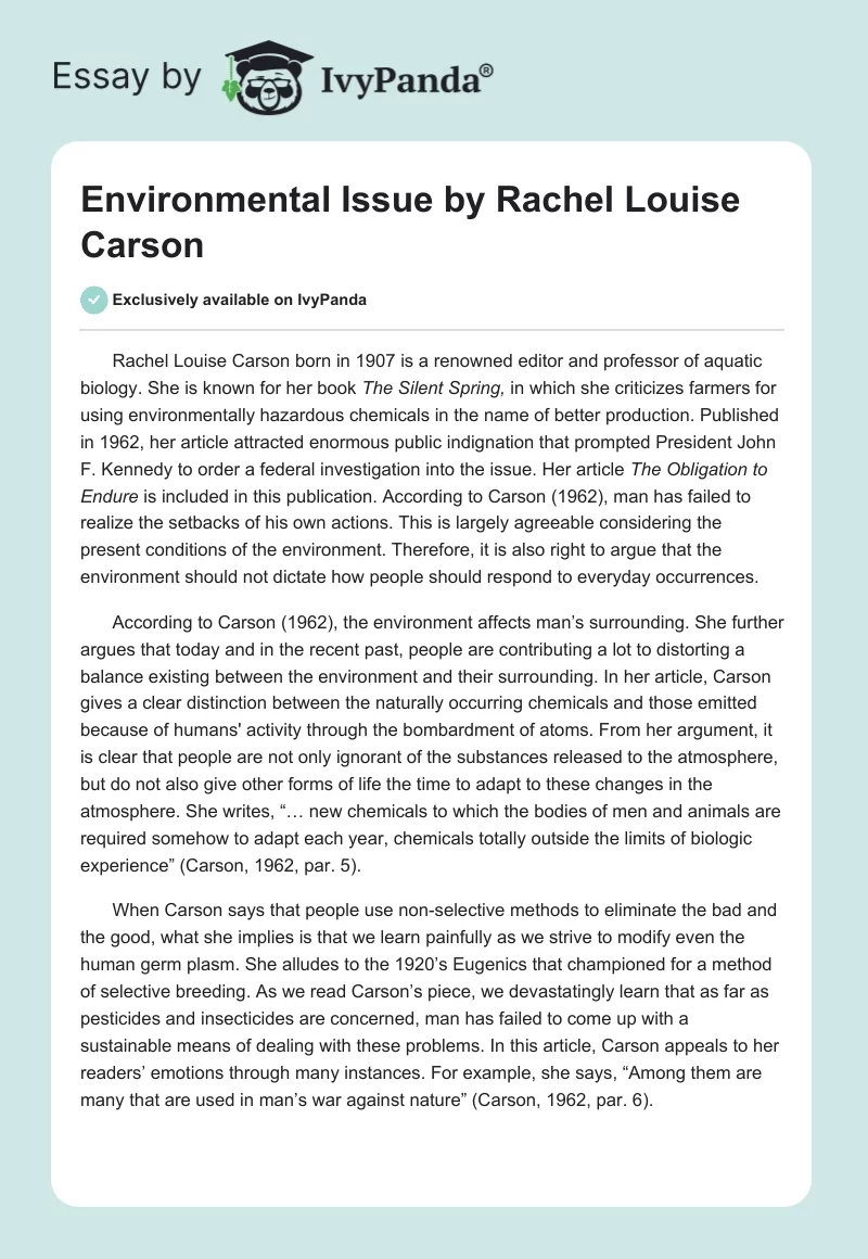 Environmental Issue by Rachel Louise Carson. Page 1