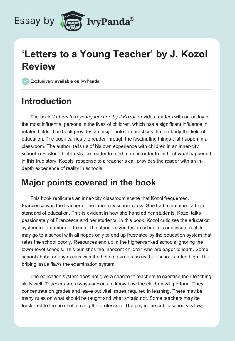 ‘Letters to a Young Teacher’ by J. Kozol Review. Page 1