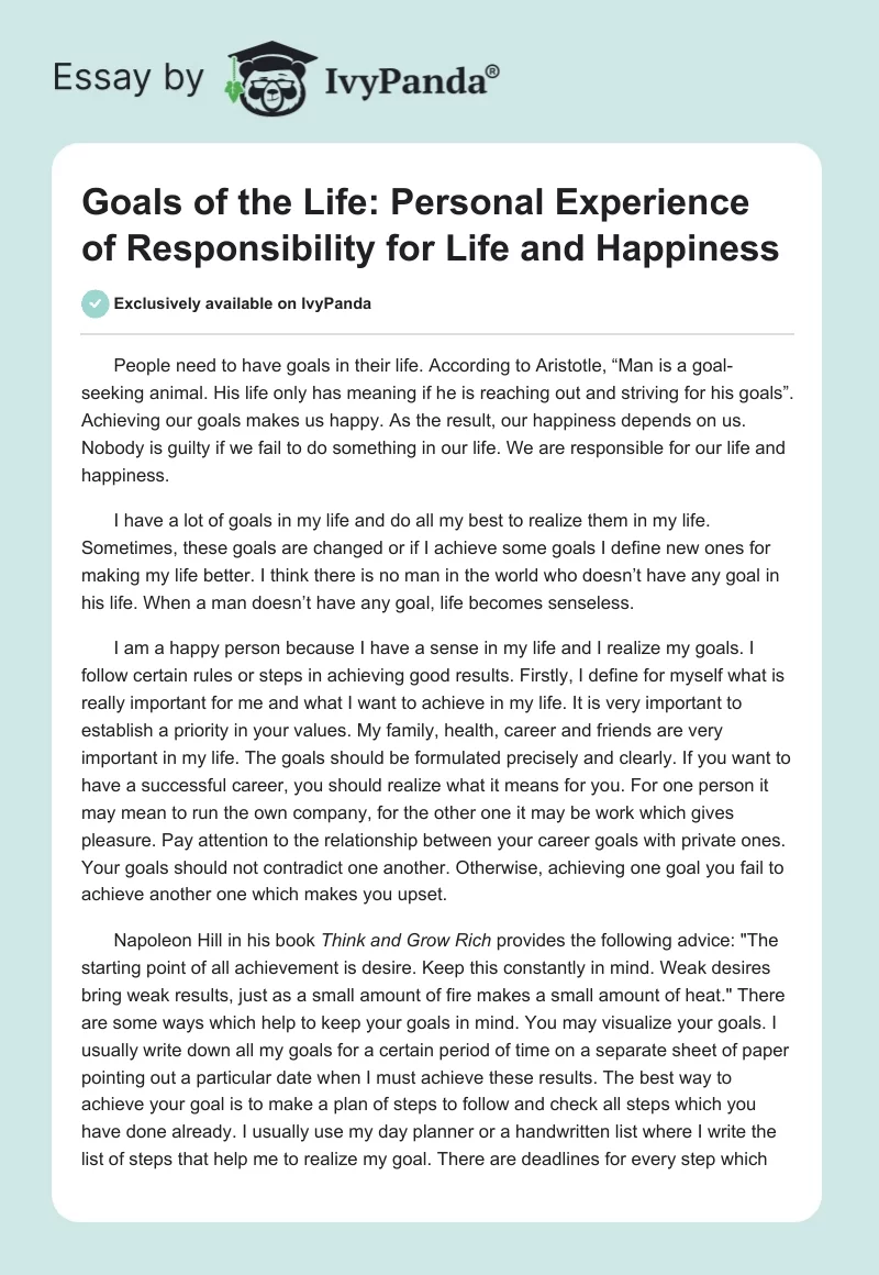 Goals of the Life: Personal Experience of Responsibility for Life and Happiness. Page 1