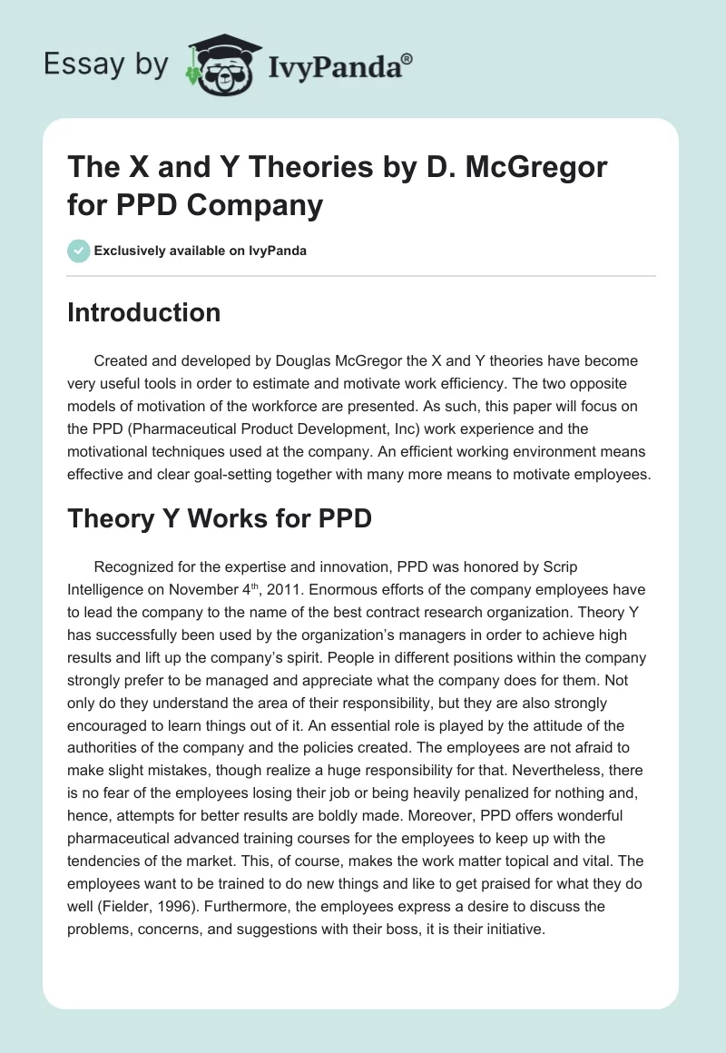 The X and Y Theories by D. McGregor for PPD Company. Page 1