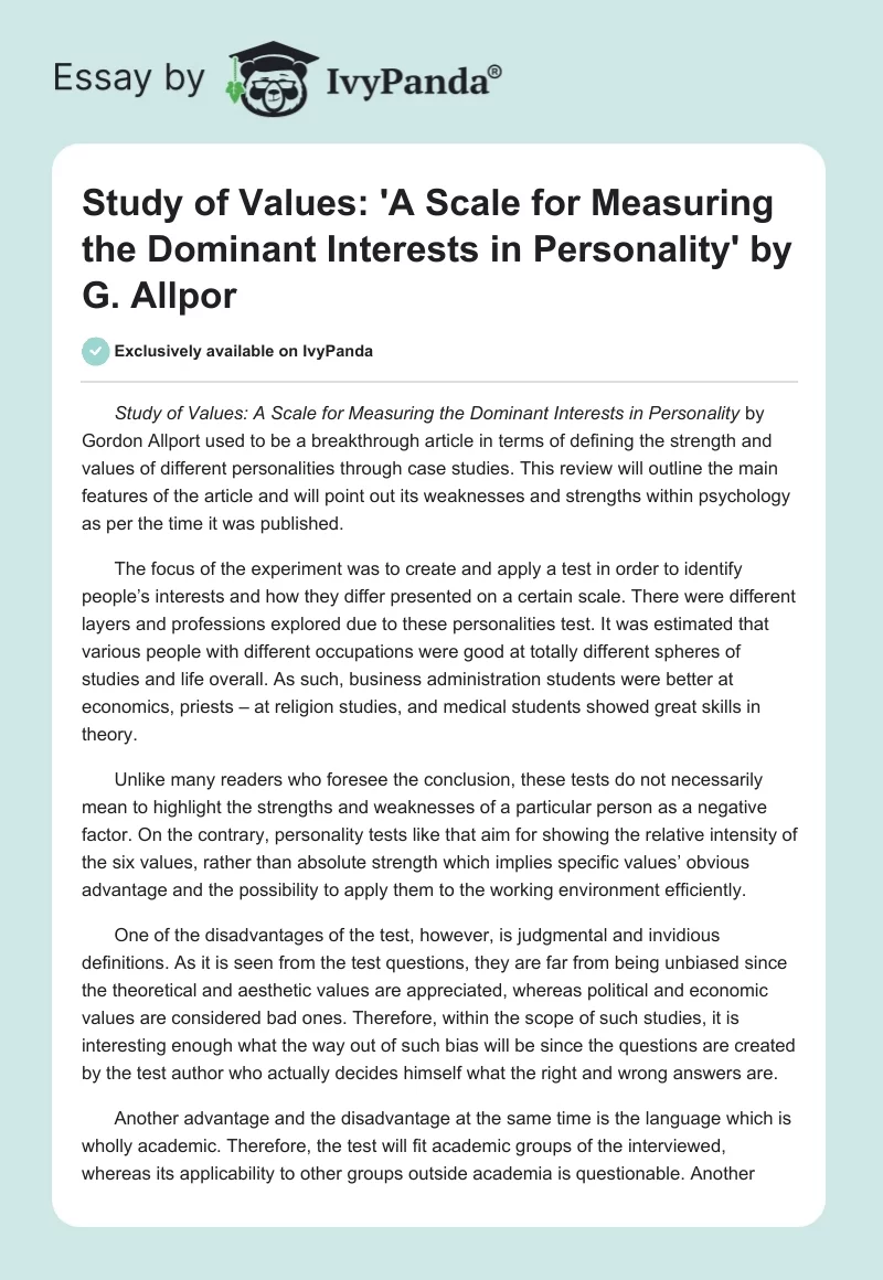Study of Values: 'A Scale for Measuring the Dominant Interests in Personality' by G. Allpor. Page 1