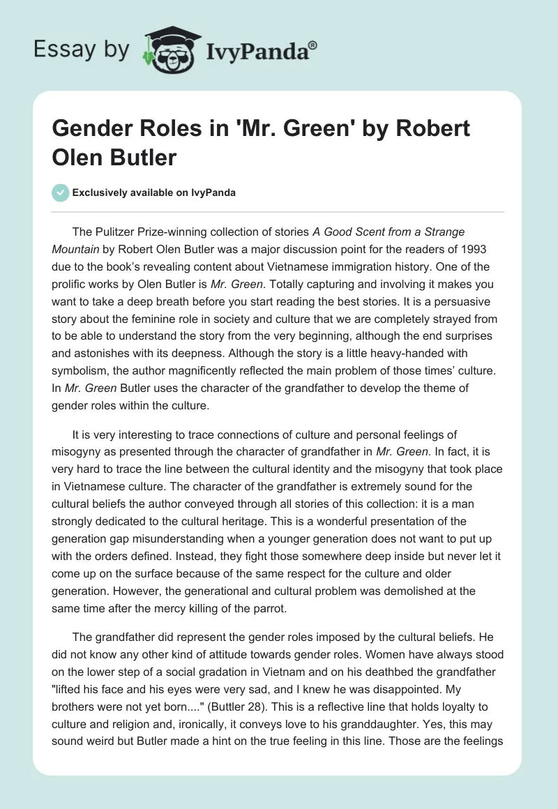 Gender Roles in 'Mr. Green' by Robert Olen Butler. Page 1