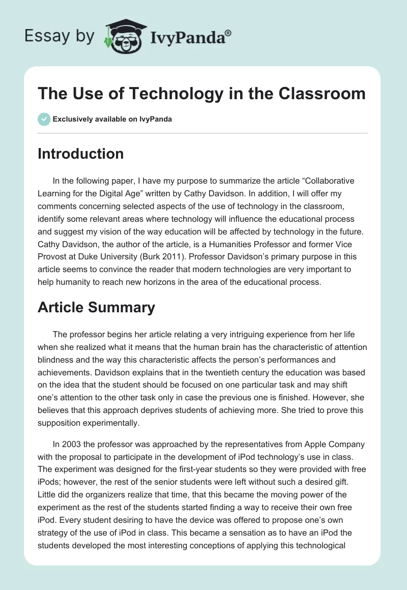 The Use of Technology in the Classroom. Page 1
