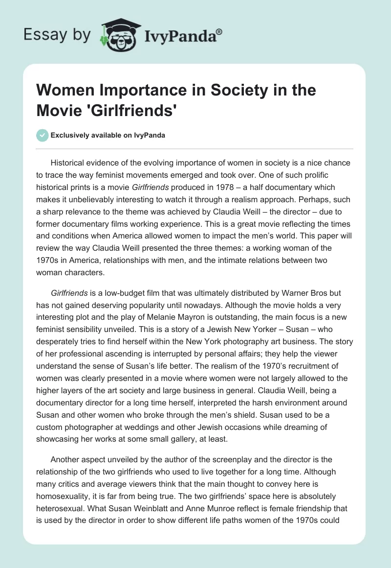 Women Importance in Society in the Movie 'Girlfriends'. Page 1