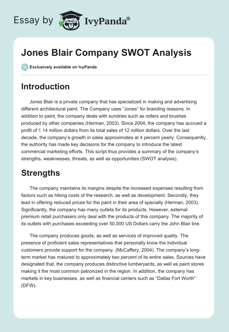 Jones Blair Company SWOT Analysis. Page 1