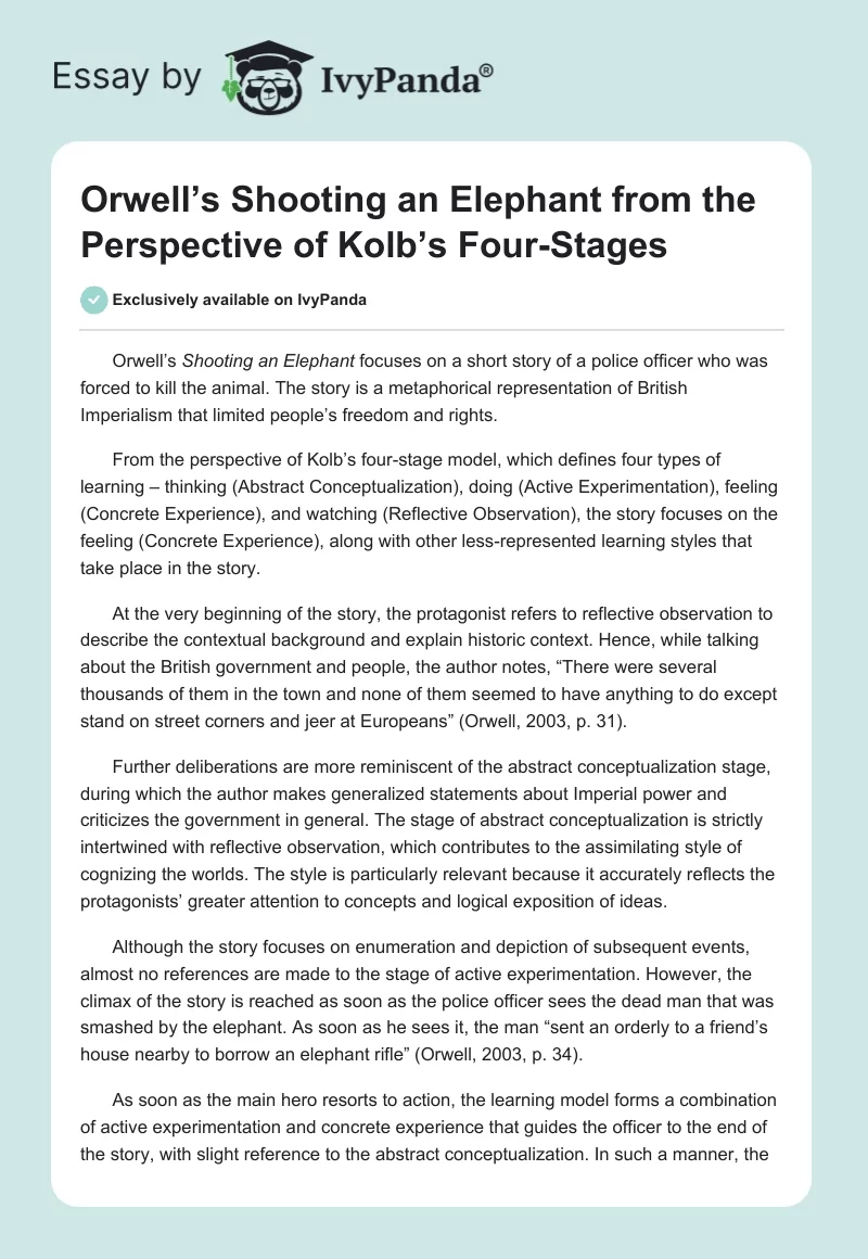 Orwell’s Shooting an Elephant From the Perspective of Kolb’s Four-Stages. Page 1