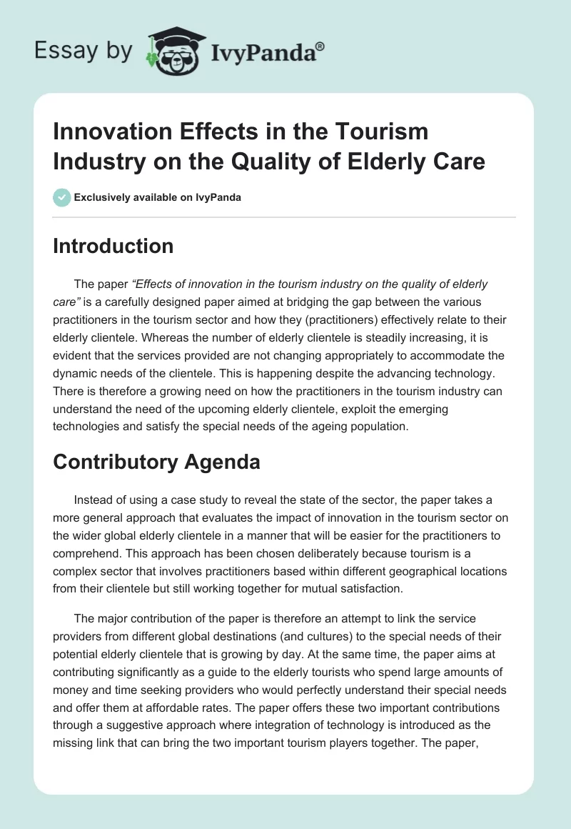 Innovation Effects in the Tourism Industry on the Quality of Elderly Care. Page 1