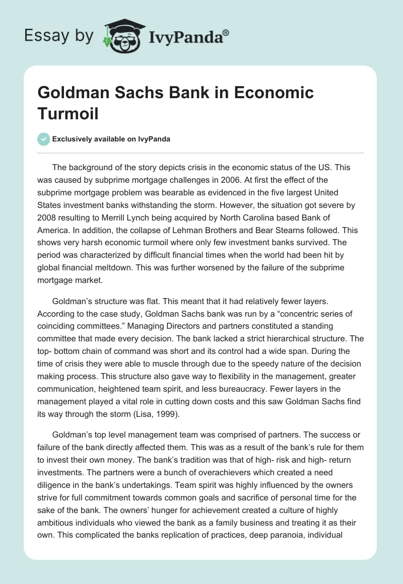 Goldman Sachs Bank in Economic Turmoil. Page 1
