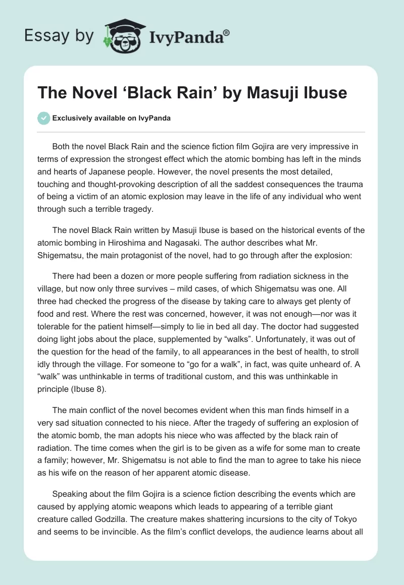 The Novel ‘Black Rain’ by Masuji Ibuse. Page 1