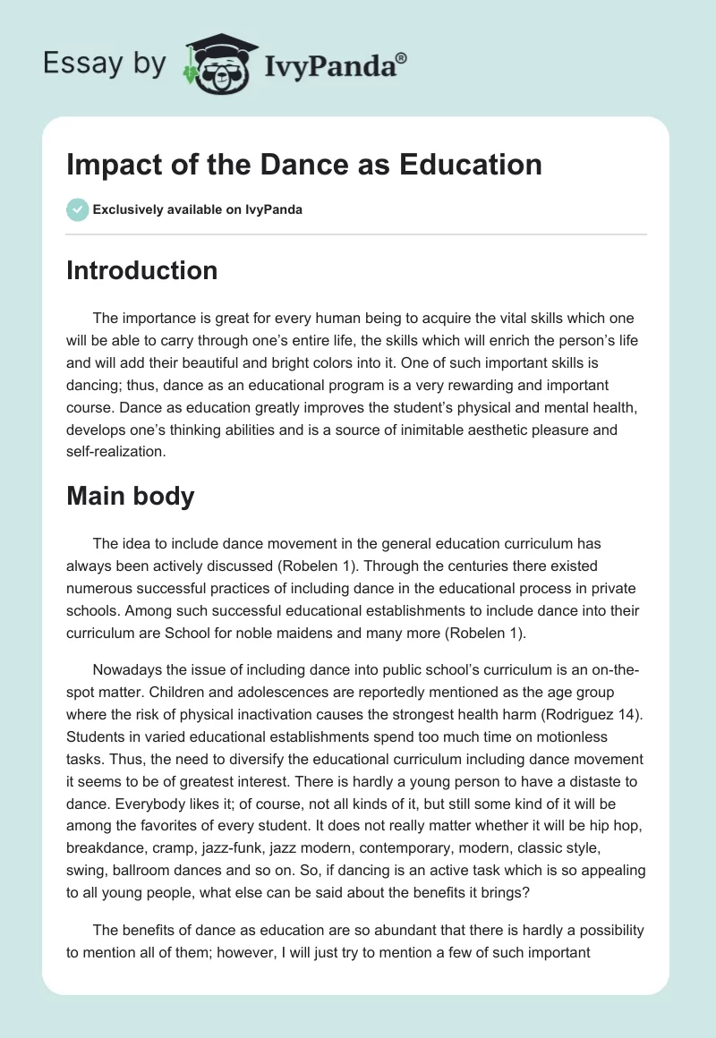 Impact of the Dance as Education. Page 1