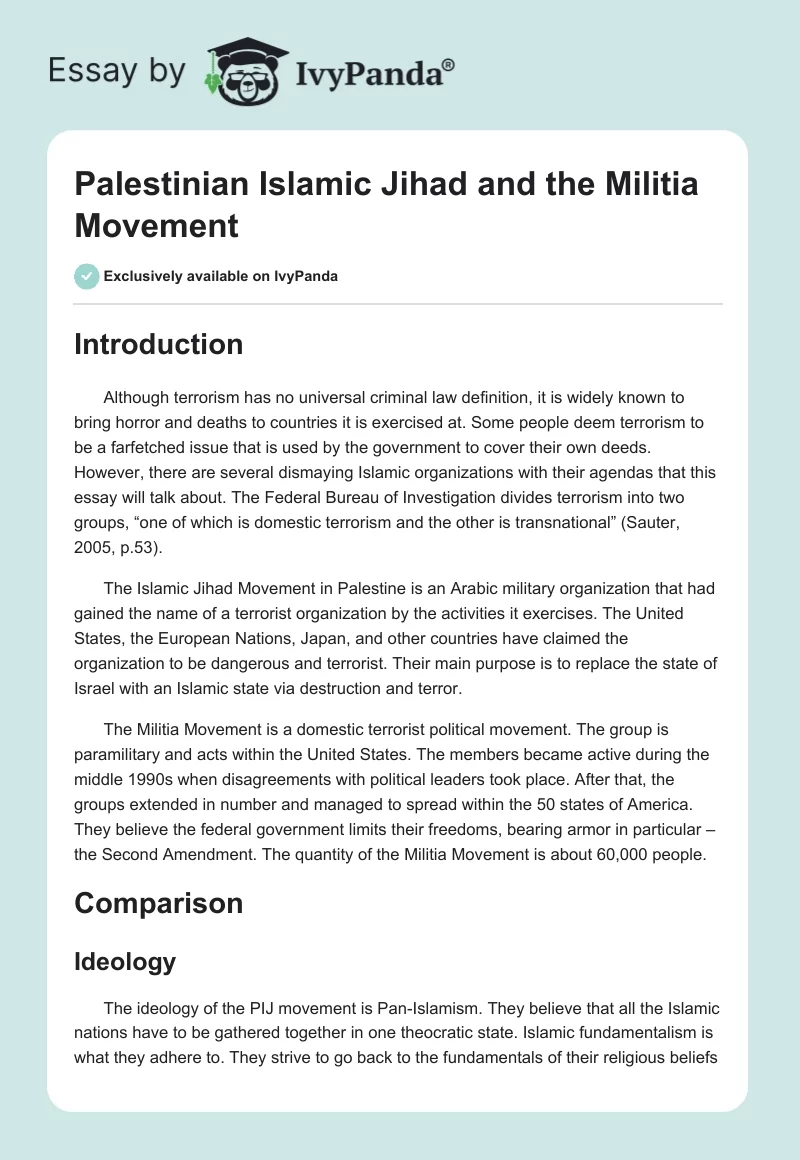 Palestinian Islamic Jihad and the Militia Movement. Page 1