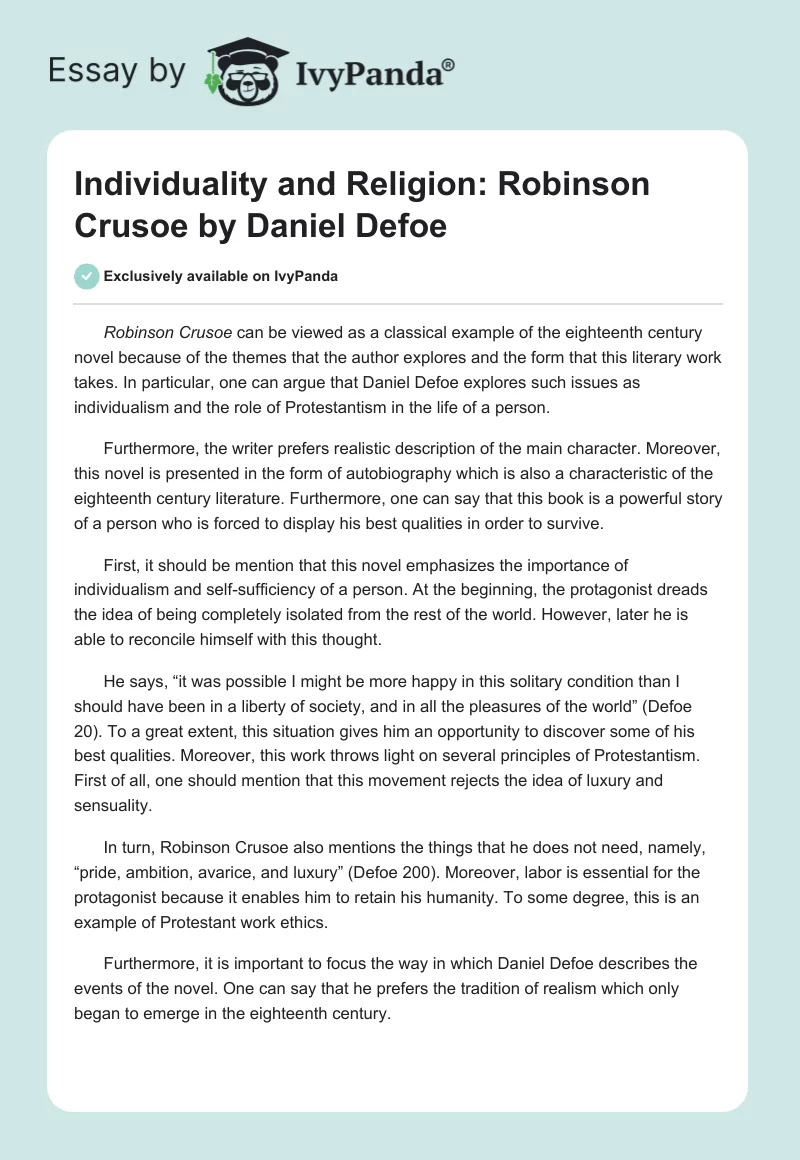 Individuality and Religion: "Robinson Crusoe" by Daniel Defoe. Page 1