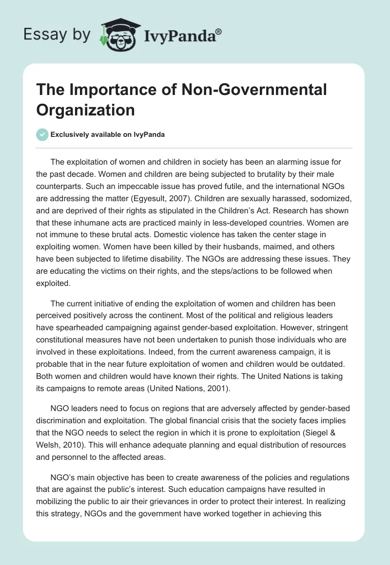 The Importance of Non-Governmental Organization. Page 1