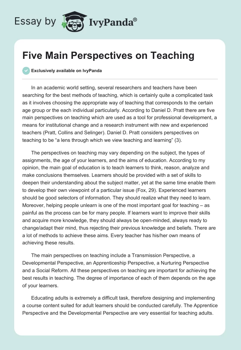 Five Main Perspectives on Teaching. Page 1