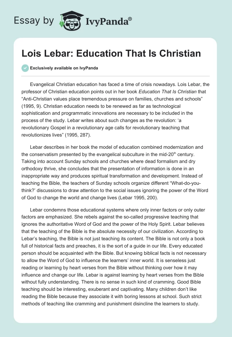 Lois Lebar: Education That Is Christian. Page 1