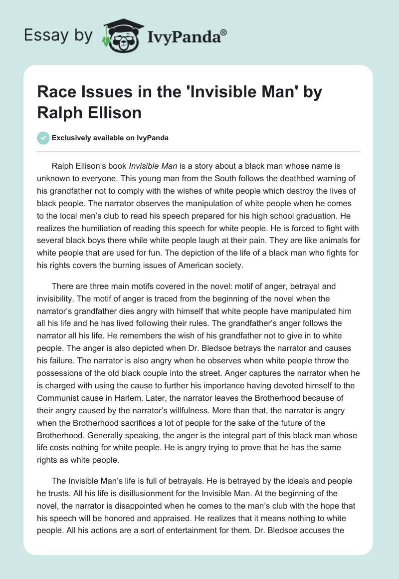 Race Issues in the 'Invisible Man' by Ralph Ellison. Page 1