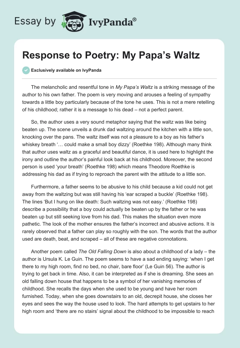 Response to Poetry: My Papa’s Waltz. Page 1