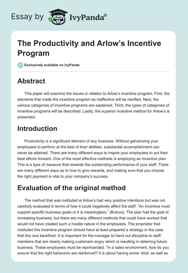 The Productivity and Arlow’s Incentive Program. Page 1