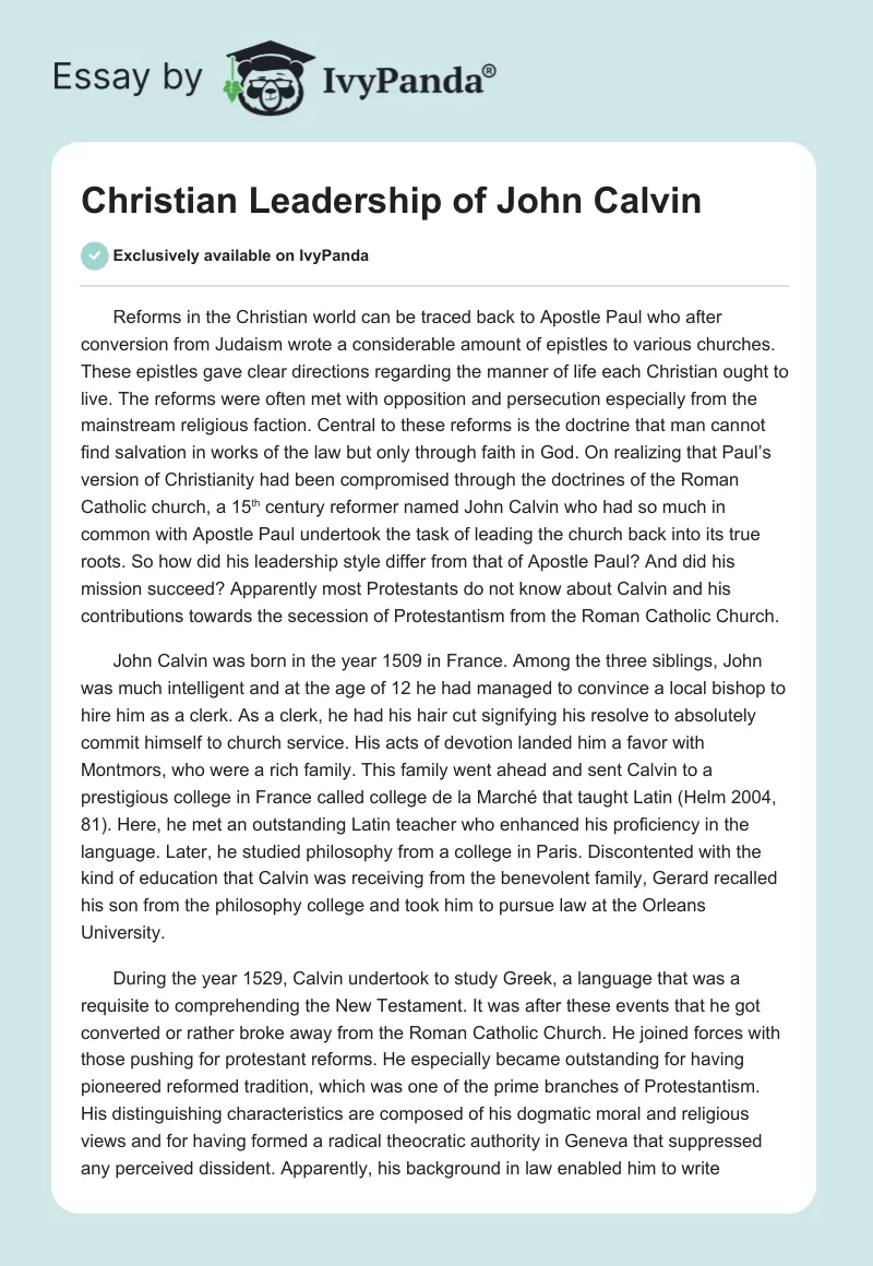 Christian Leadership of John Calvin. Page 1