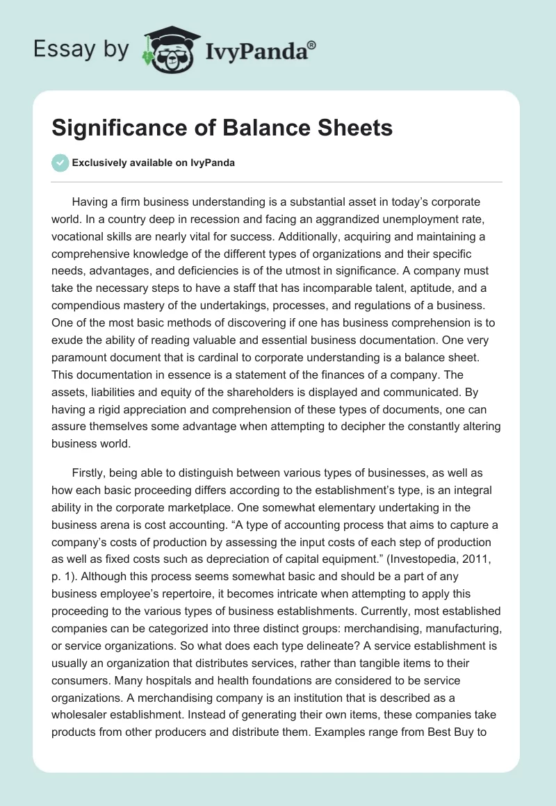 Significance of Balance Sheets. Page 1