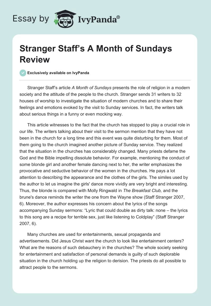 Stranger Staff’s "A Month of Sundays" Review. Page 1