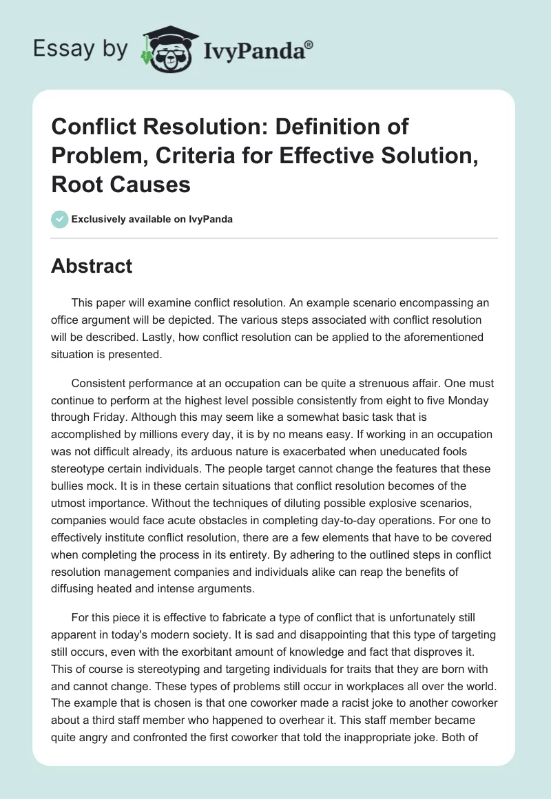 Conflict Resolution: Definition of Problem, Criteria for Effective Solution, Root Causes. Page 1