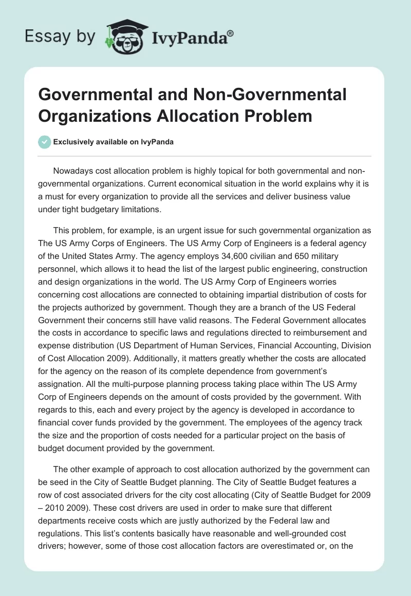 Governmental and Non-Governmental Organizations Allocation Problem. Page 1