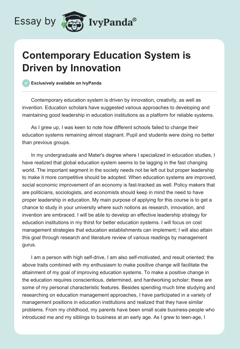 Contemporary Education System is Driven by Innovation. Page 1