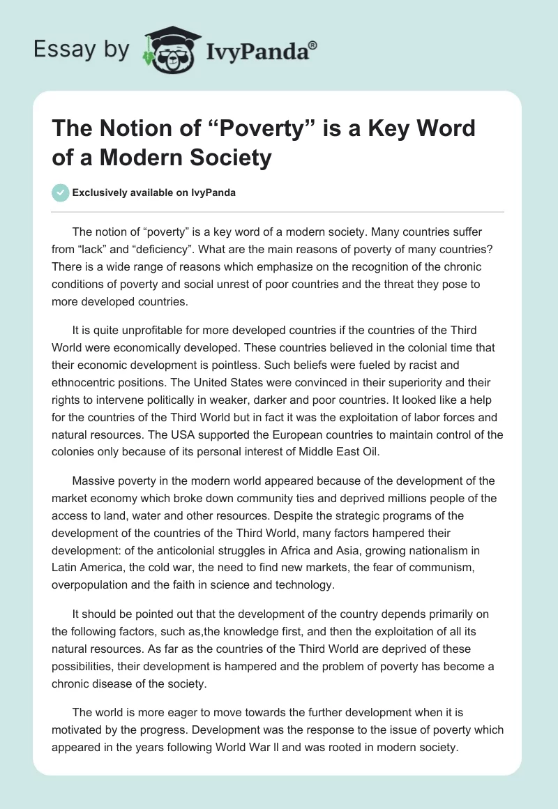 The Notion of “Poverty” Is a Key Word of a Modern Society. Page 1