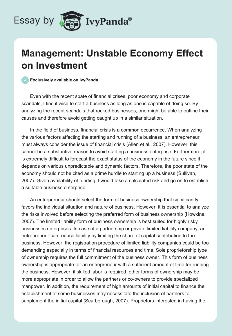 Management: Unstable Economy Effect on Investment. Page 1