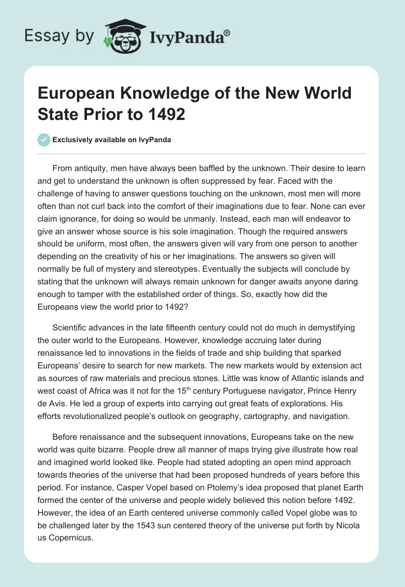European Knowledge of the New World State Prior to 1492. Page 1