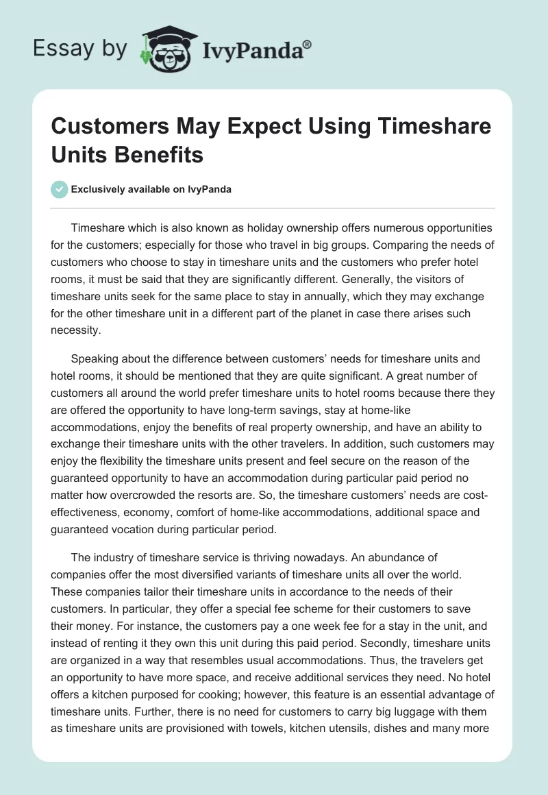 Customers May Expect Using Timeshare Units Benefits. Page 1