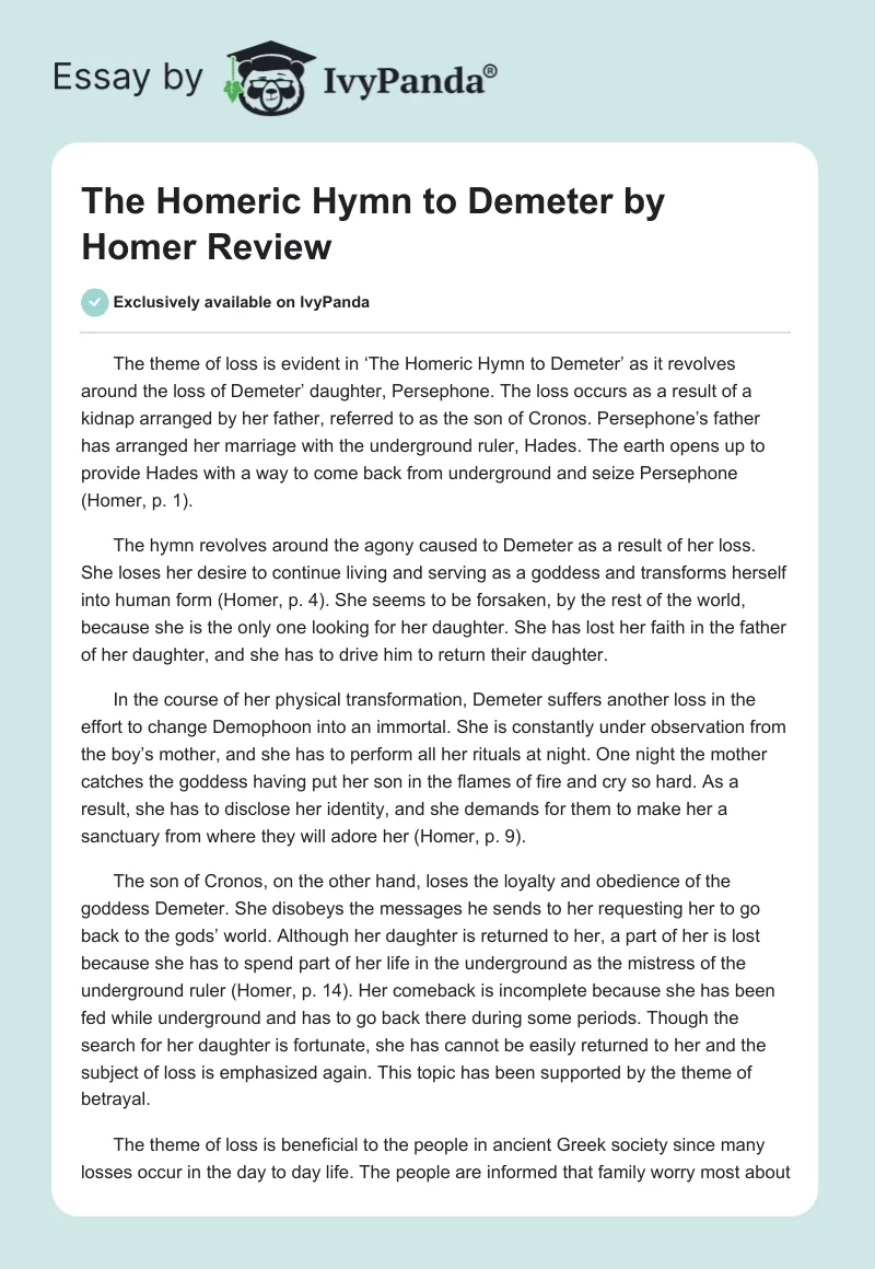 "The Homeric Hymn to Demeter" by Homer Review. Page 1