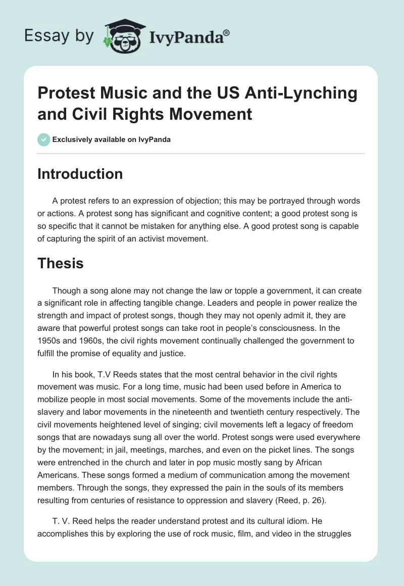 Protest Music and the US Anti-Lynching and Civil Rights Movement. Page 1
