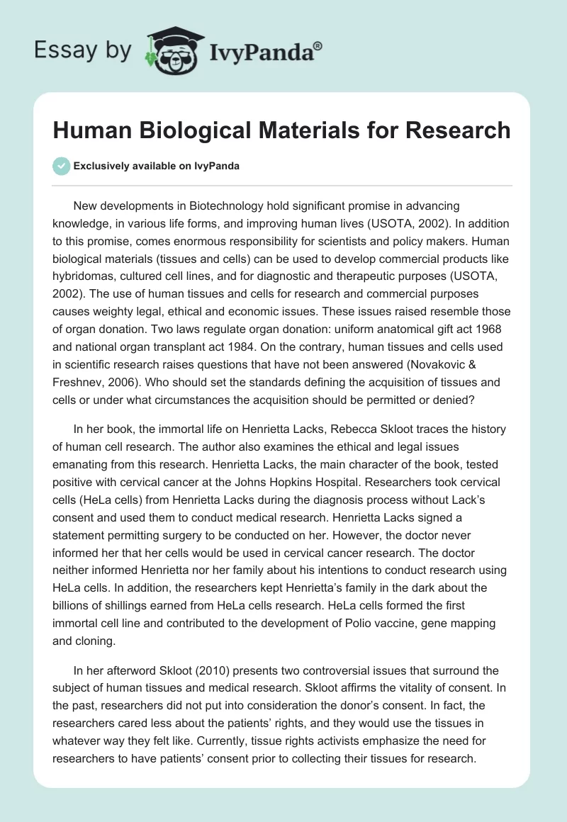 Human Biological Materials for Research. Page 1