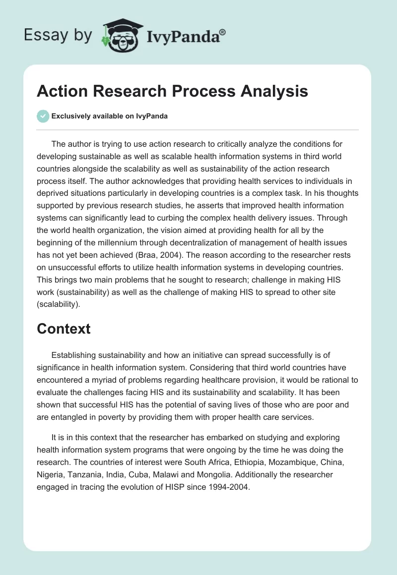 "Action Research" Process Analysis. Page 1