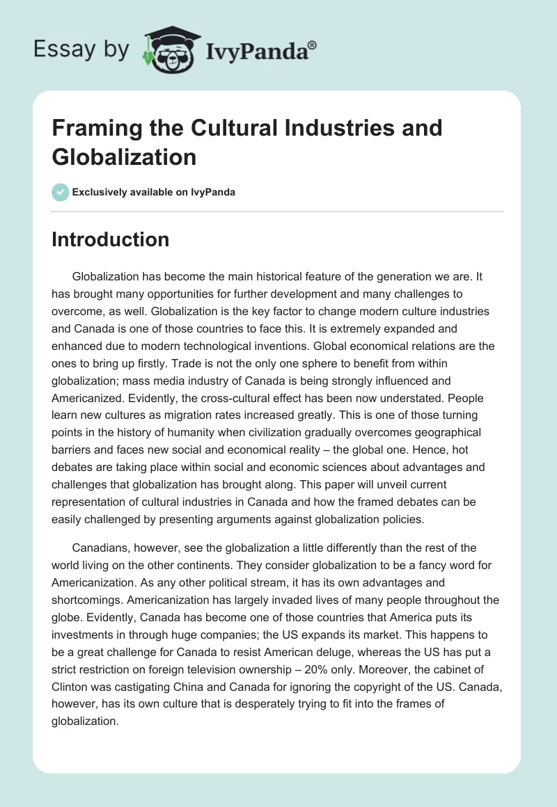 Framing the Cultural Industries and Globalization. Page 1