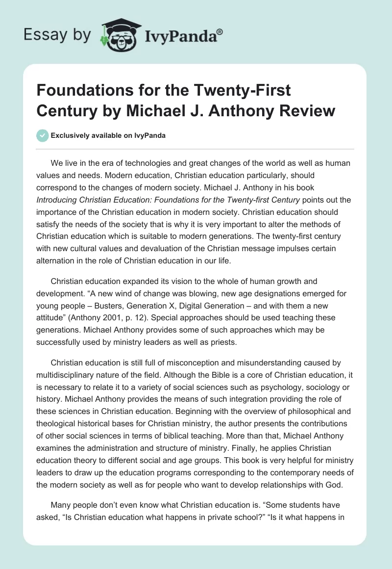 "Foundations for the Twenty-First Century" by Michael J. Anthony Review. Page 1