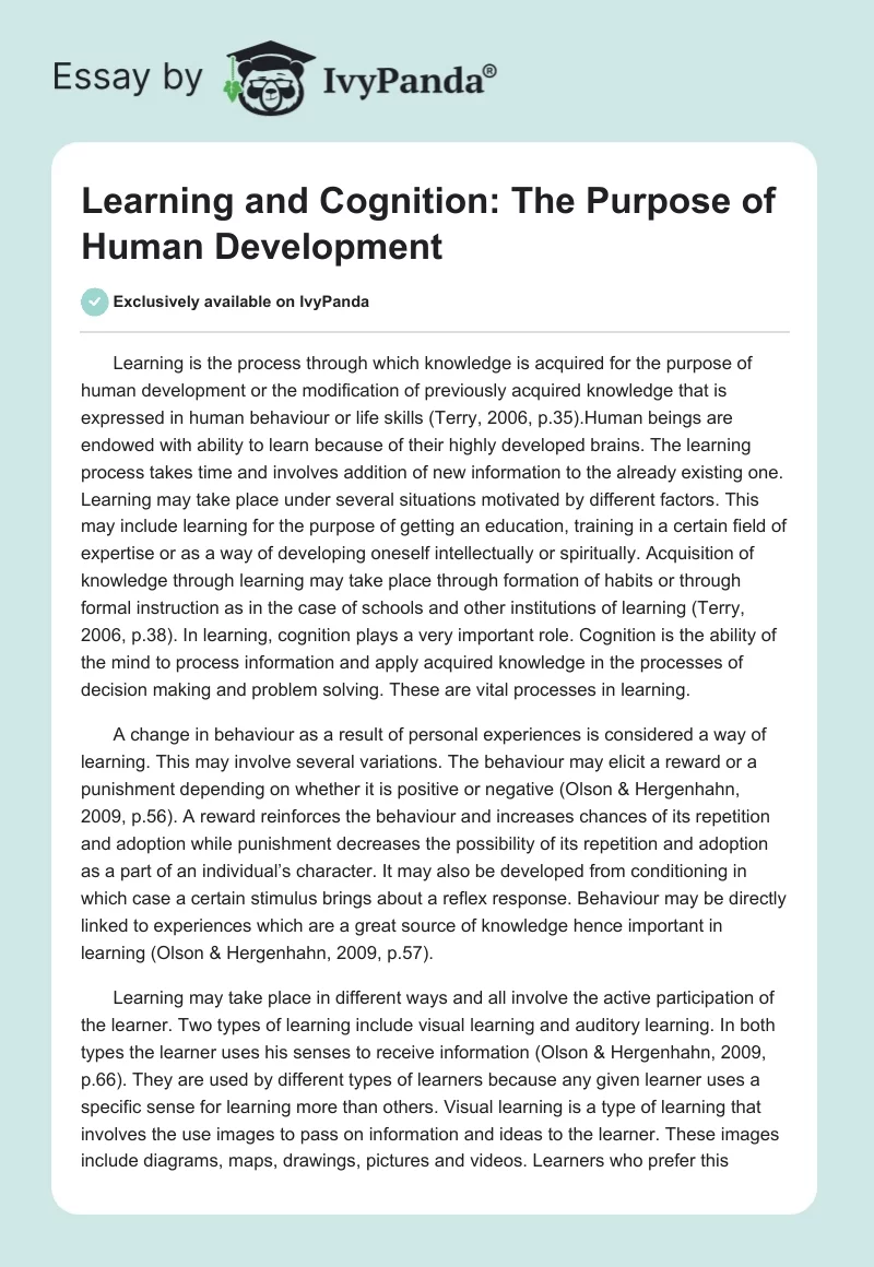 Learning and Cognition: The Purpose of Human Development. Page 1