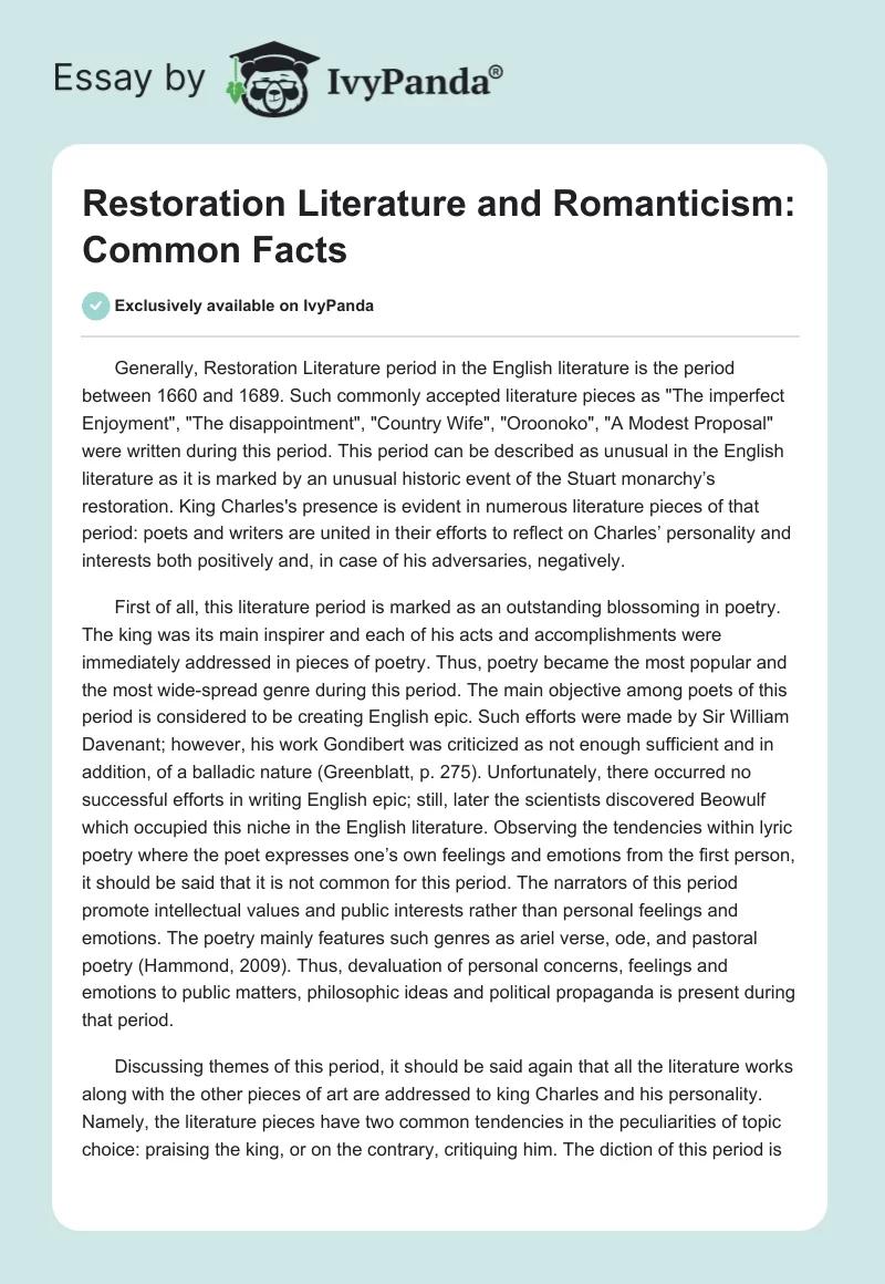 Restoration Literature and Romanticism: Common Facts. Page 1