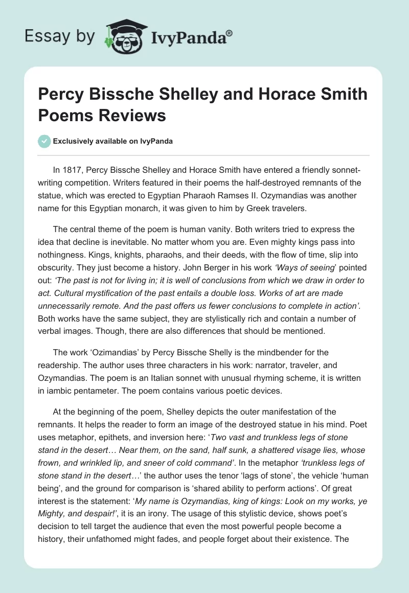 Percy Bissche Shelley and Horace Smith Poems Reviews. Page 1